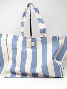 Sezane Cotton Canvas Woven Blue White Stripe Print Pattern Tote Beach Bag Purse